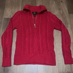 Lauren Ralph Lauren Red Cable Knit Quarter Zip Sweater - Size L - 100% Cotton